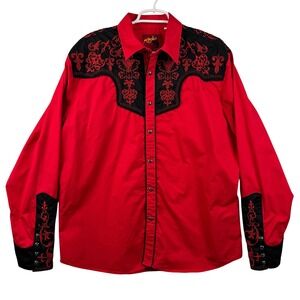 Rodeo Clothing Co Mens Red Black Embroidered Western Pearl Snap Shirt Large L